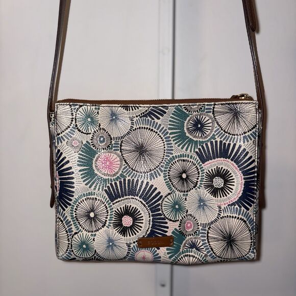 Fossil Faux Leather Blue Starburst Pattern Crossbody Bag Purse Medium Zip Top - Picture 9 of 16